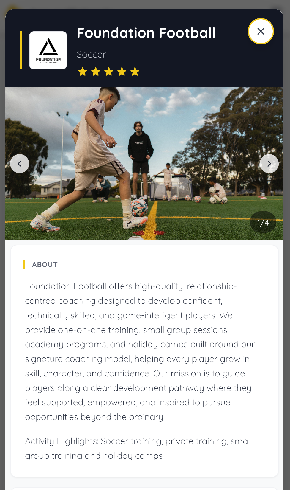 Activity listing popup